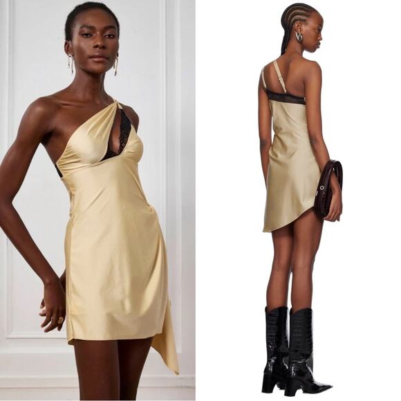 Coperni Paris Keily Lace One Shoulder Asymmetric Mini Dress Size Medium Beige - Picture 2 of 6